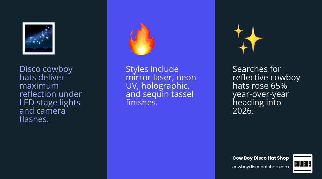Infographic showing disco cowboy hat types, best lighting conditions, and key features like weight and finish infographic