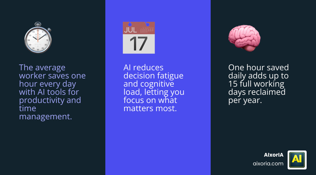 Infographic showing 137% productivity increase, 1 hour saved daily, 15 days reclaimed yearly, and top AI tool categories