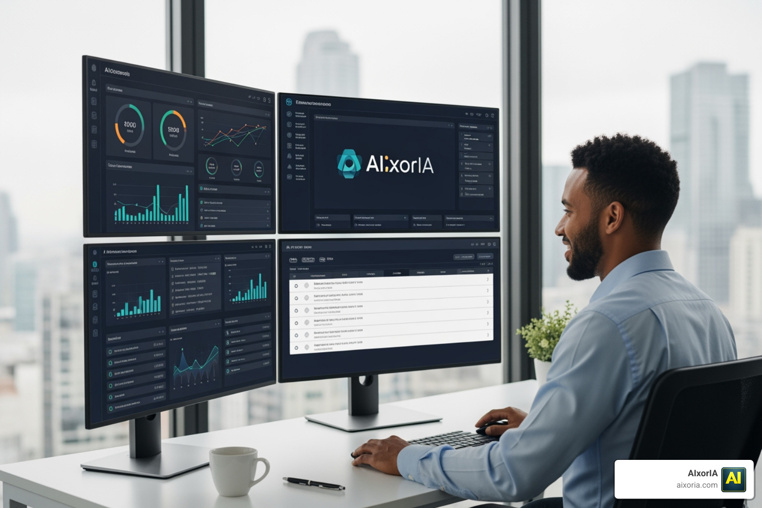 Professional using a multi-screen AI dashboard to manage content and schedules