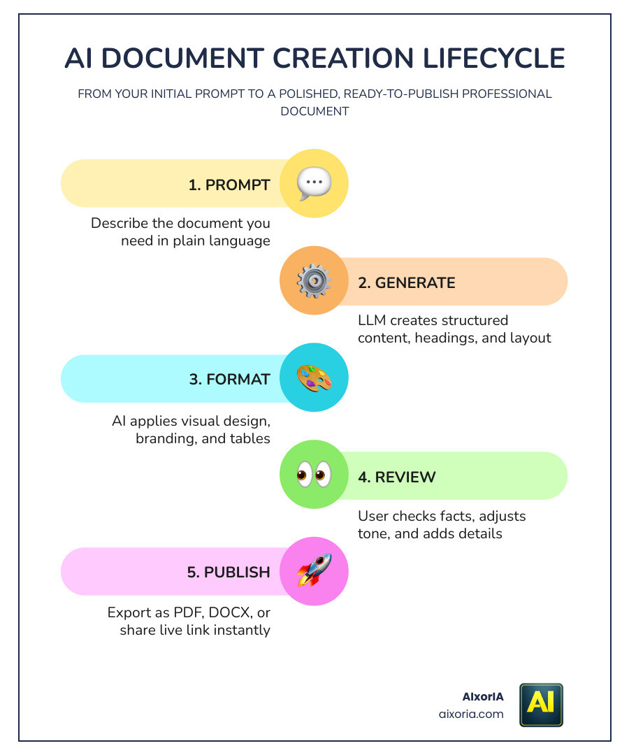 AI document creation lifecycle from prompt to publish, showing steps and tool types infographic