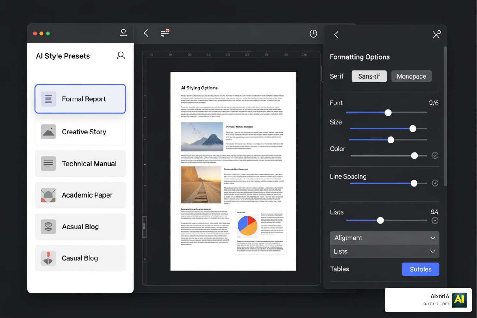 interface showing various document formatting options and AI style presets