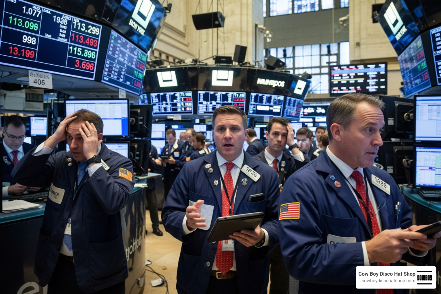 New York Stock Exchange floor traders reacting to post-summit market sell-off May 2026