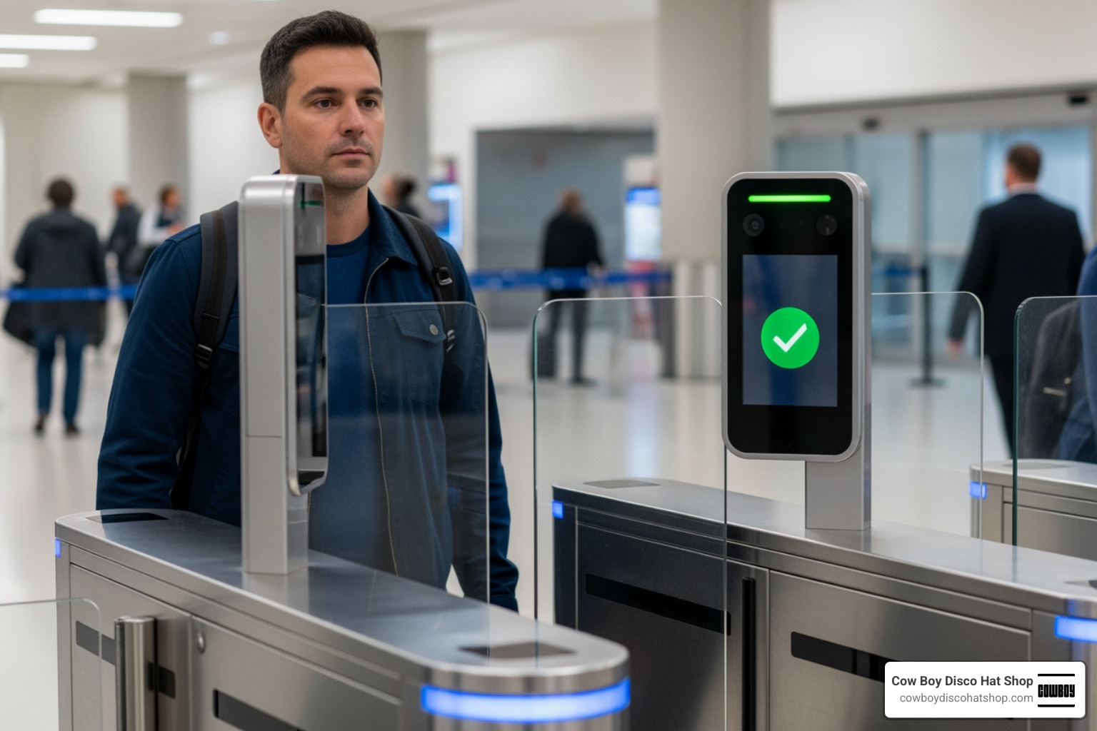 Passenger passing through a biometric facial recognition gate at an airport