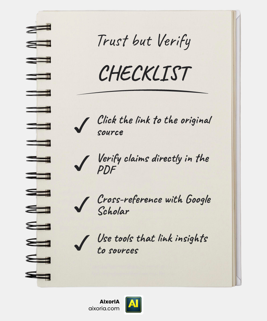 Checklist for verifying AI research: 1. Check source link, 2. Verify claims in PDF, 3. Cross-reference with Google Scholar