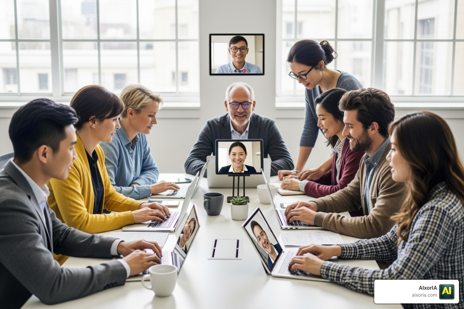 Best team communication tools - diverse hybrid team collaborating via laptops and tablets