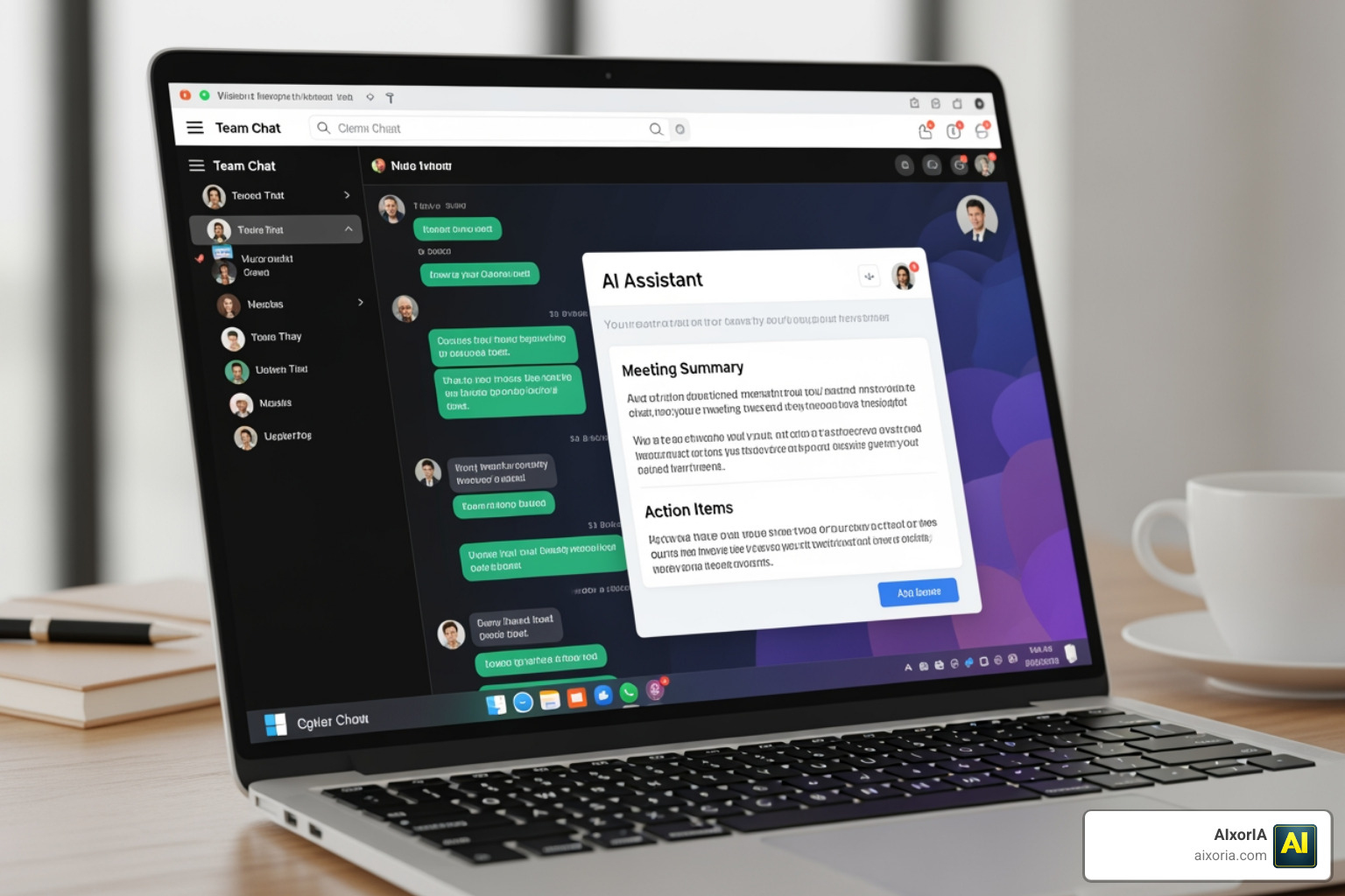 AI assistant generating a meeting summary and action items in a chat window