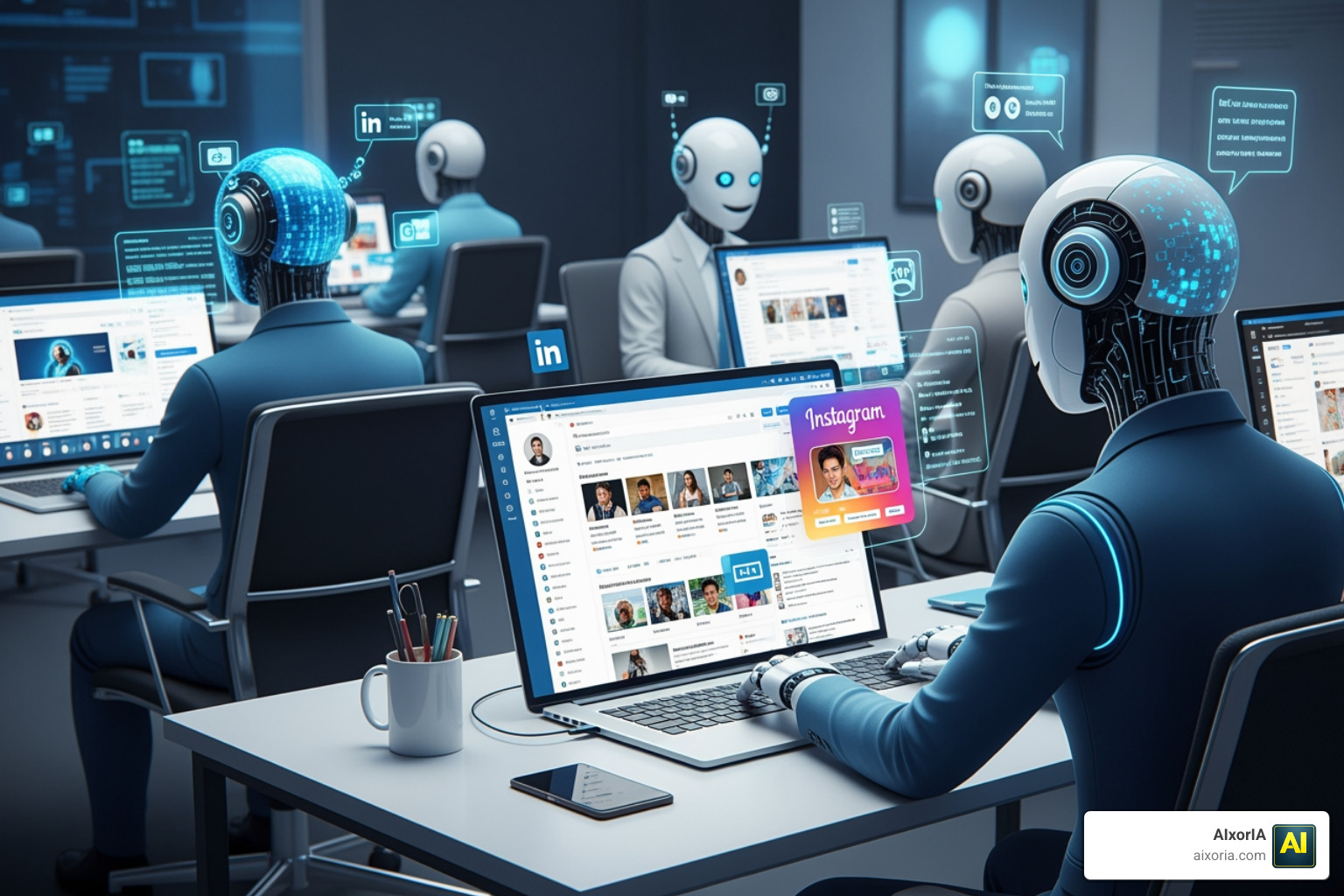 Social media automation showing AI agents interacting on LinkedIn and Instagram