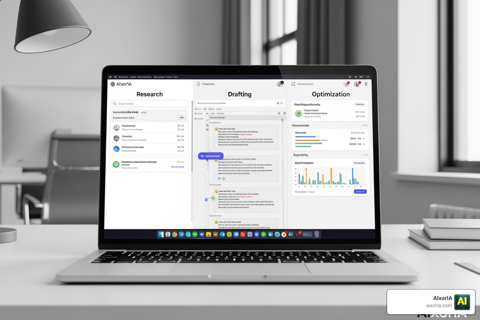 AI content creation workflow showing research, drafting, and optimization stages