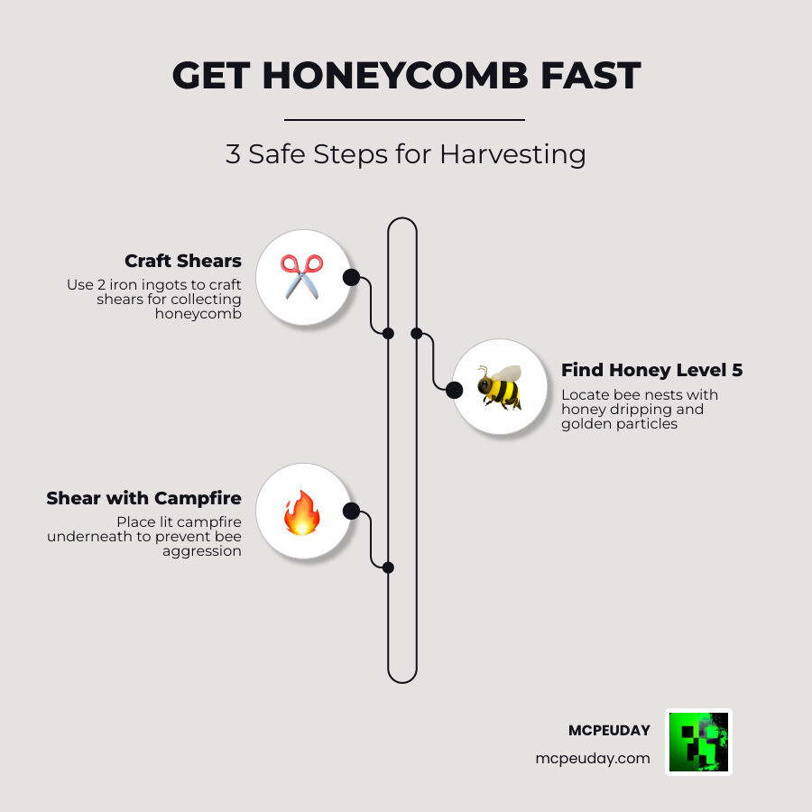 Steps to get honeycomb in Minecraft: find nest, place campfire, shear at level 5 infographic