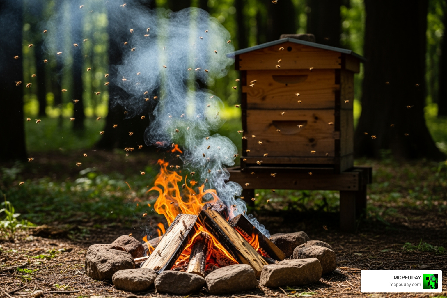 A lit campfire placed directly under a bee nest to calm the bees