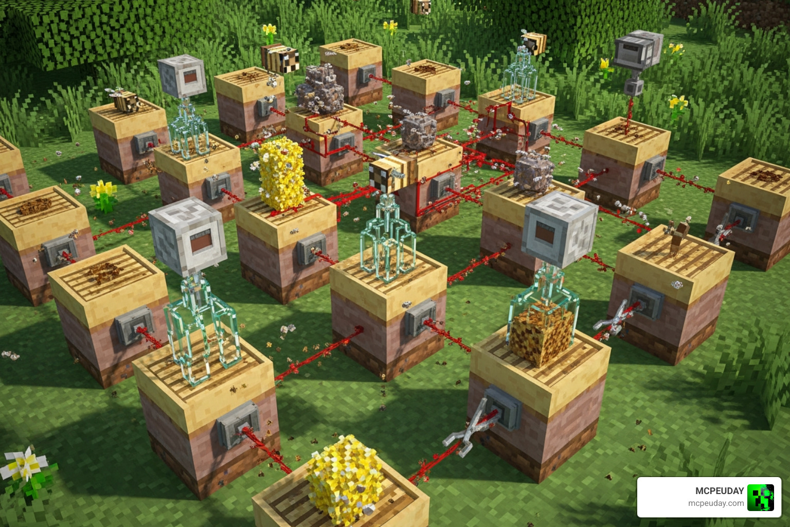 A redstone-powered automated bee farm with observers and dispensers