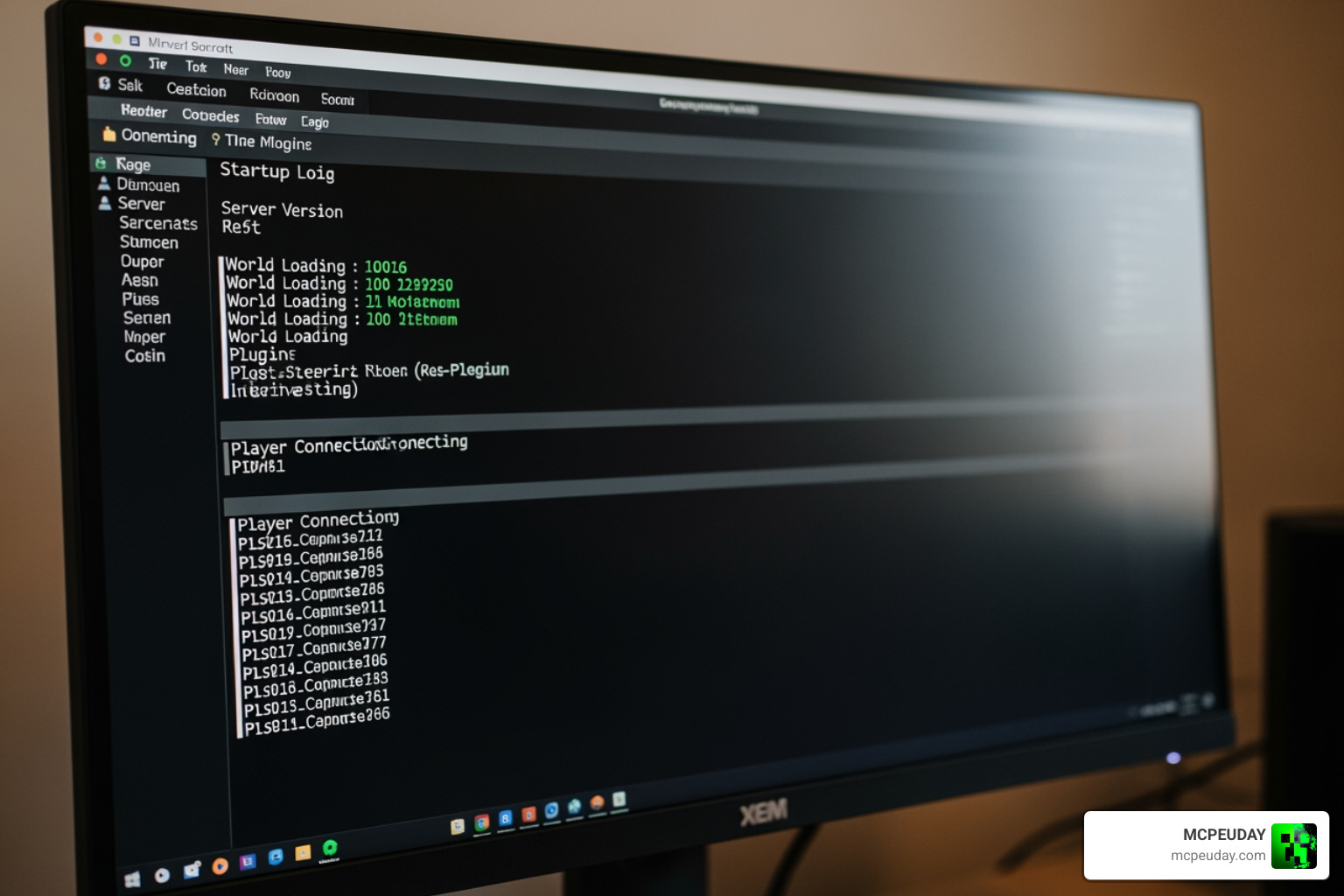 A Minecraft server console window showing startup logs and player connections A Minecraft server console window showing startup logs and player connections
