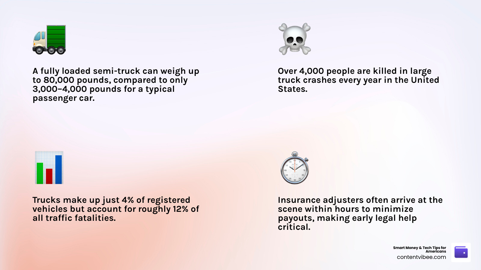 infographic showing weight disparity between semi trucks and passenger cars, annual fatalities, and percentage of traffic