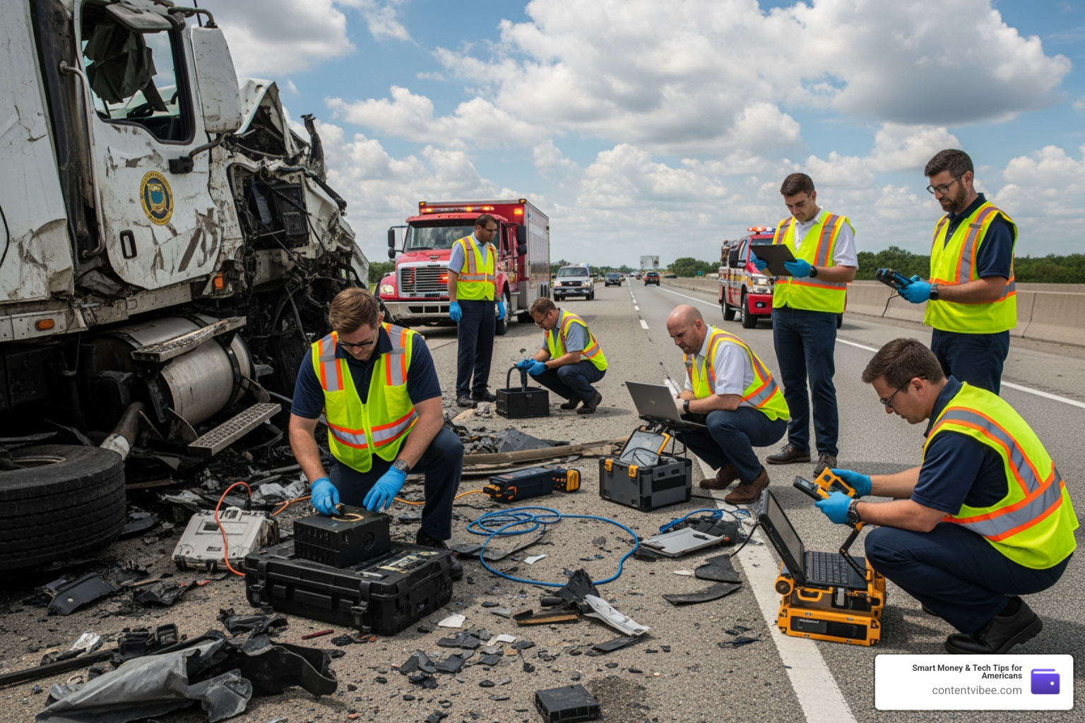 legal team investigating a crash site with specialized equipment