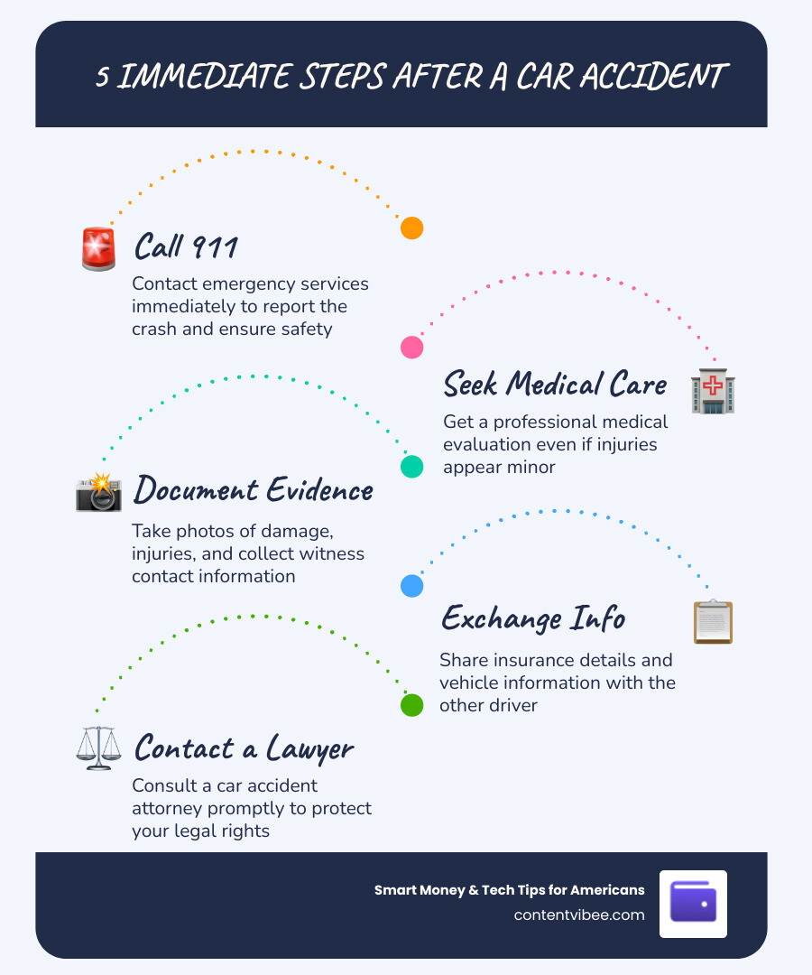5 immediate steps after a car accident infographic showing call 911, seek medical care, document evidence, exchange info