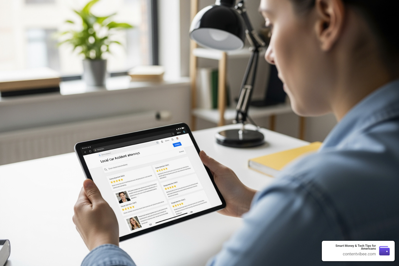 A person using a tablet to research local car accident attorneys and reading reviews