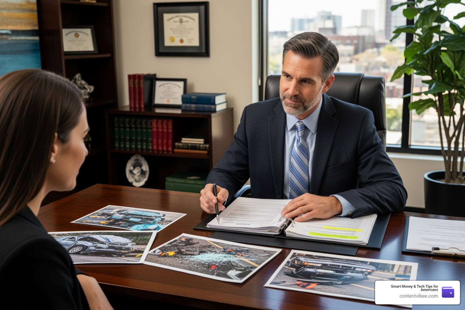 An attorney in a professional office reviewing a case file and photos of a car accident with a client