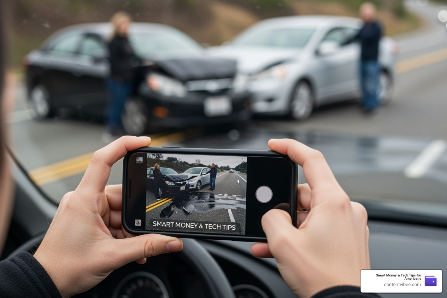 driver taking photos of a license plate at an accident scene