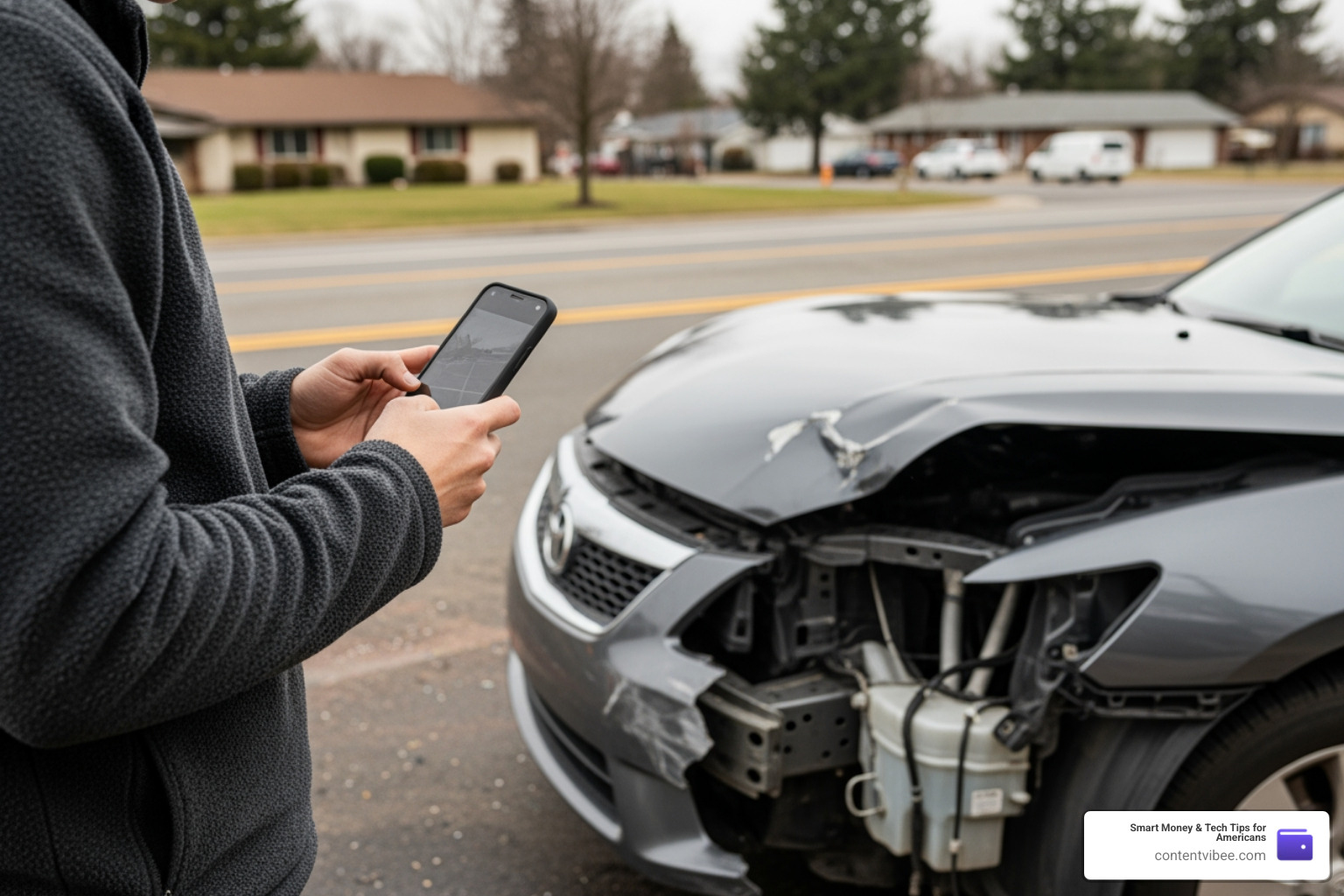 person documenting vehicle damage with a smartphone at an accident scene