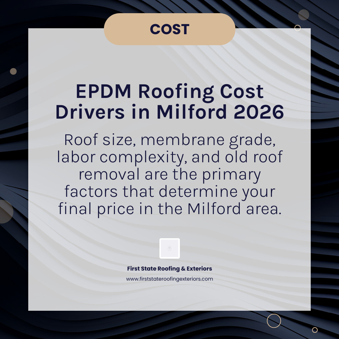 Infographic showing primary EPDM roofing cost drivers in Milford for 2026 including size, labor, materials, and permits