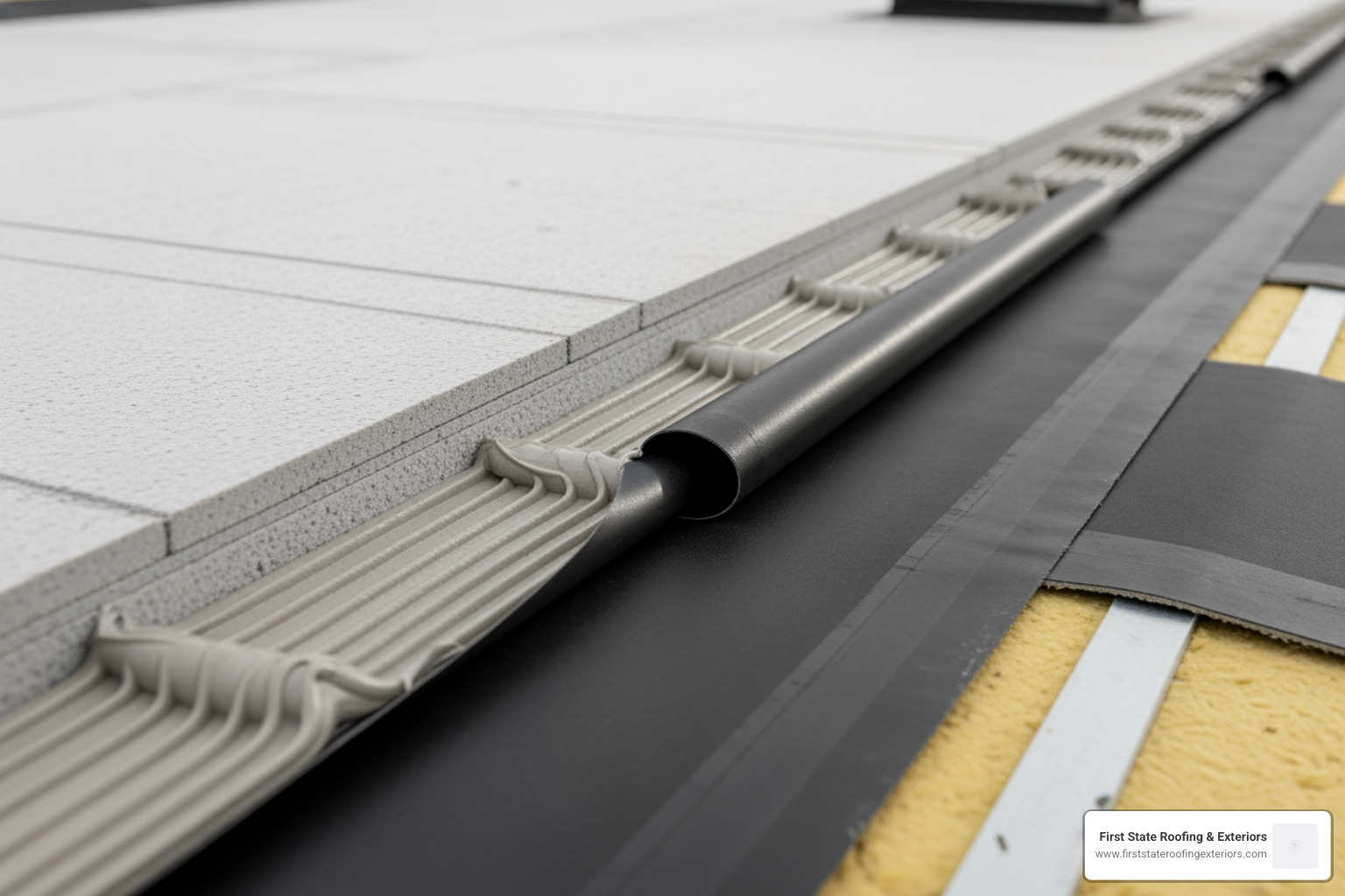 Close-up of EPDM roofing layers including insulation board and adhesive