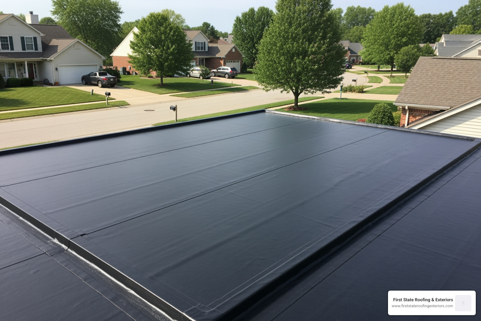 Completed flat EPDM roof project on a Milford residential property