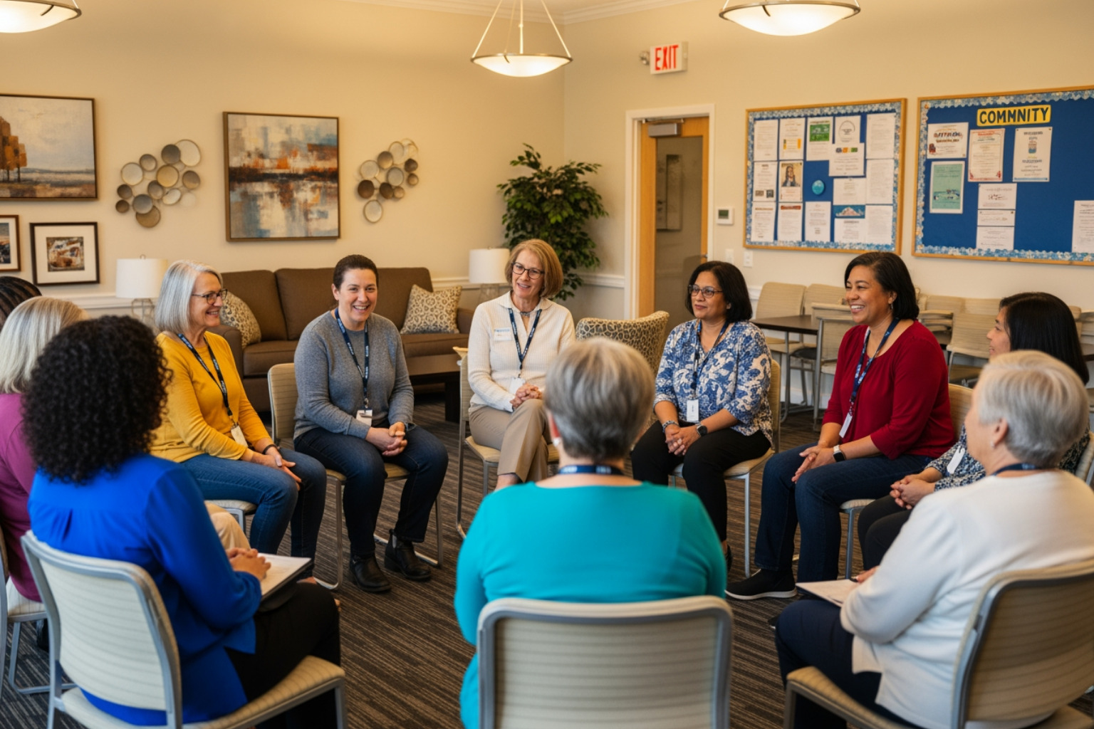 diverse group of adults in a circle of chairs chatting in a community room diverse group of adults in a circle of chairs chatting in a community room