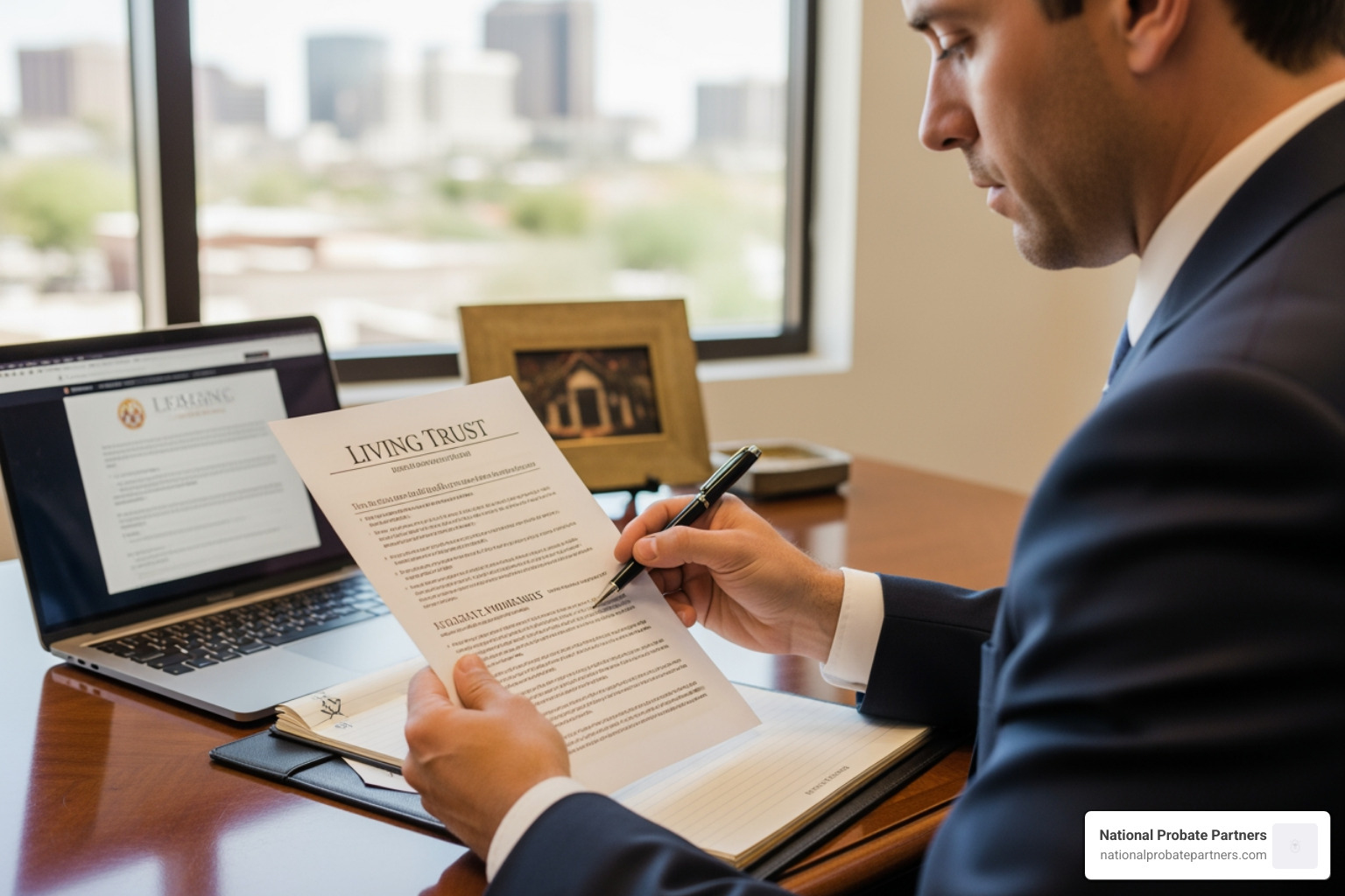 Legal professional reviewing a living trust document to avoid Arizona probate