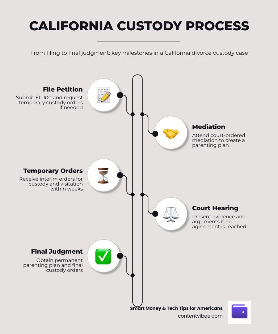 California custody process flowchart from filing to final judgment, showing steps and timelines infographic
