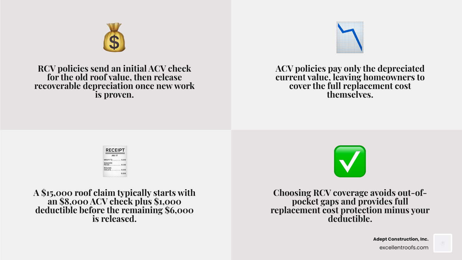 Infographic showing how a $15,000 roof claim is paid: $8,000 ACV check + $1,000 deductible + $6,000 recoverable depreciation Infographic showing how a $15,000 roof claim is paid: $8,000 ACV check + $1,000 deductible + $6,000 recoverable depreciation