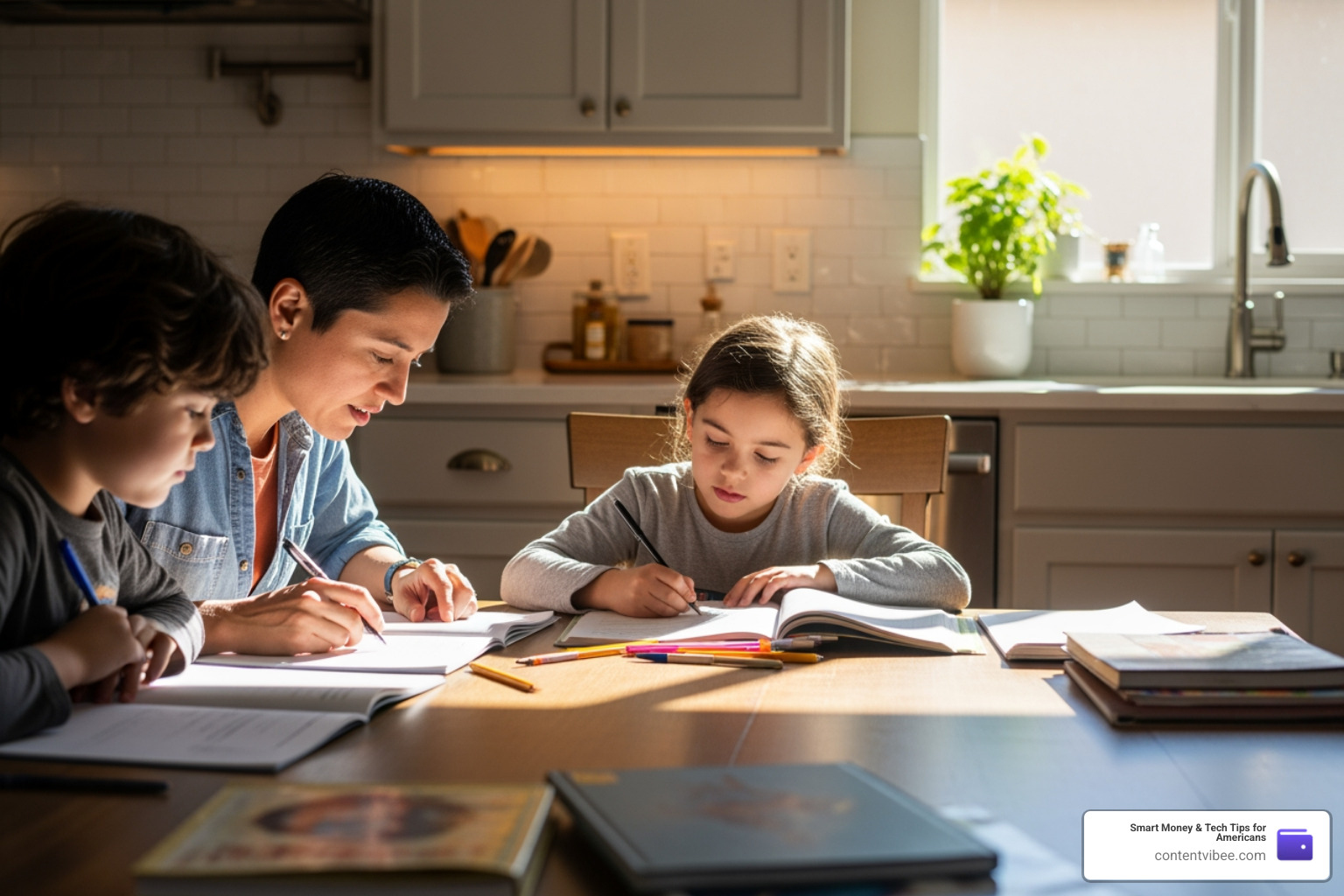 parent helping a child with schoolwork in a sunny California home