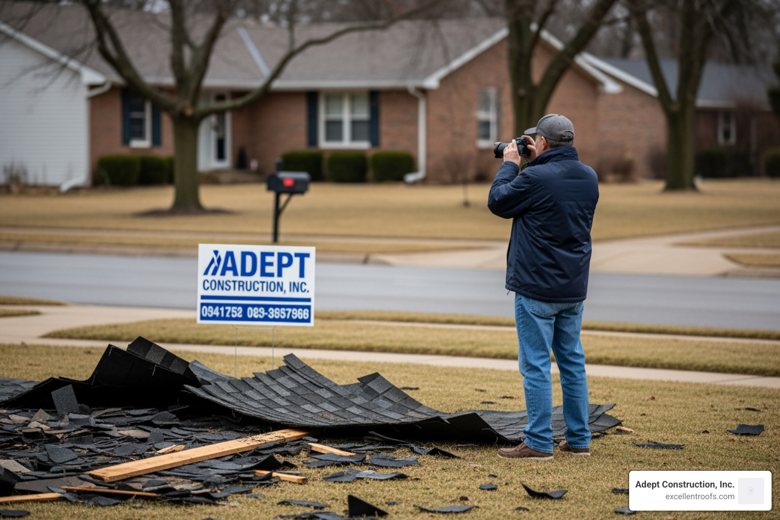 homeowner taking photos of roof debris after a storm homeowner taking photos of roof debris after a storm