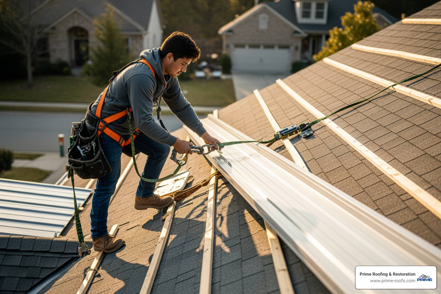 Professional contractor wearing a safety harness while installing long metal roofing panels Professional contractor wearing a safety harness while installing long metal roofing panels
