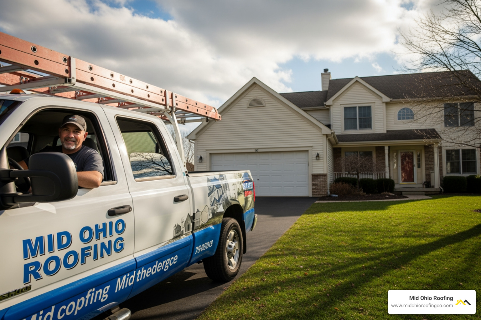 roofing contractor in a Mid Ohio Roofing truck arriving at a house