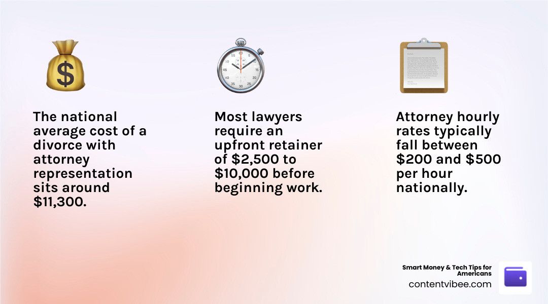Average breakdown of divorce expenses in 2026 including attorney fees, filing fees, mediation, and hidden costs infographic Average breakdown of divorce expenses in 2026 including attorney fees, filing fees, mediation, and hidden costs infographic