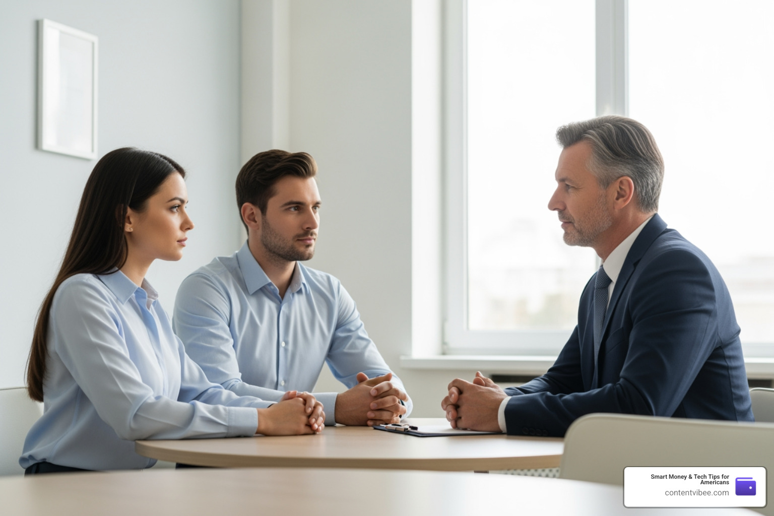 A couple sitting with a mediator in a neutral office setting A couple sitting with a mediator in a neutral office setting