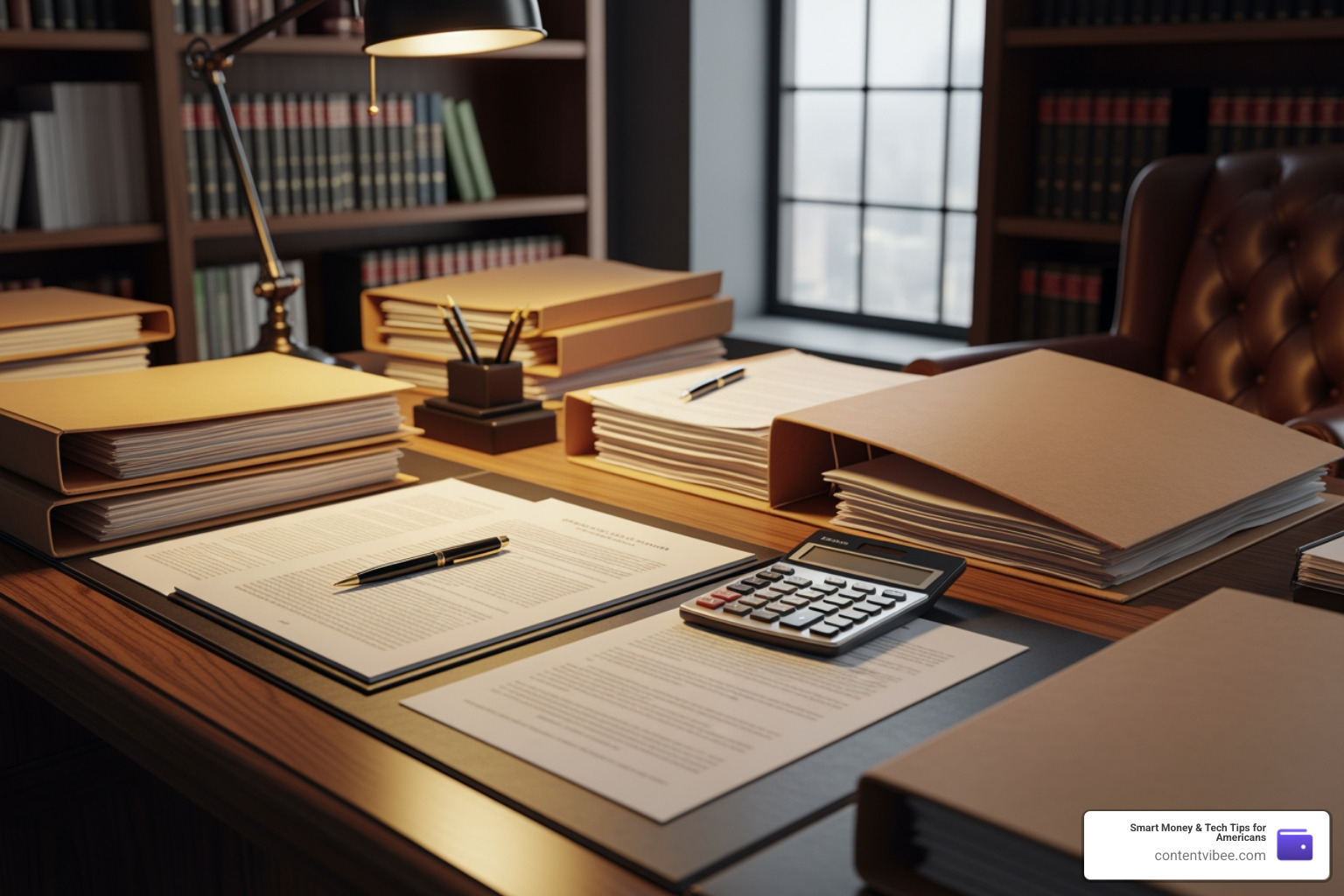 Professional law office setting with legal documents and a calculator Professional law office setting with legal documents and a calculator