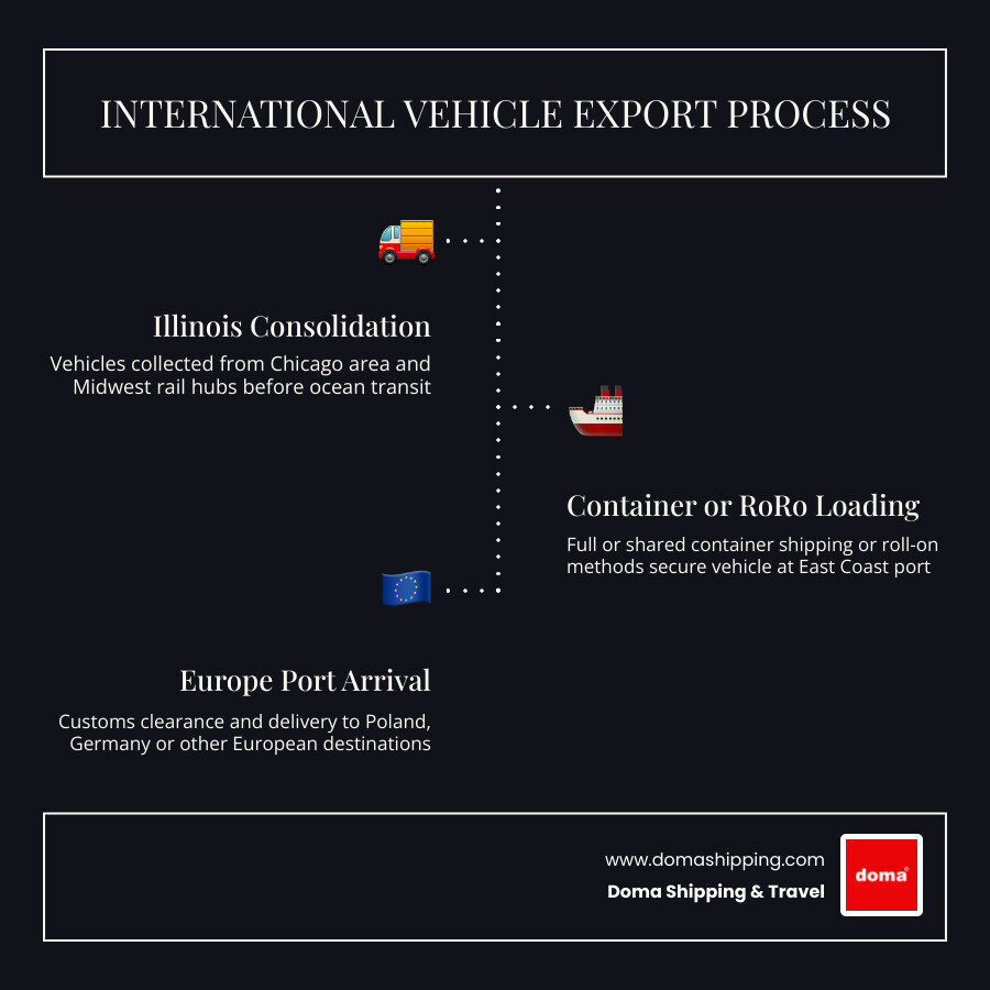 Infographic showing international vehicle export process from Illinois USA to Europe including container shipping and RoRo Infographic showing international vehicle export process from Illinois USA to Europe including container shipping and RoRo