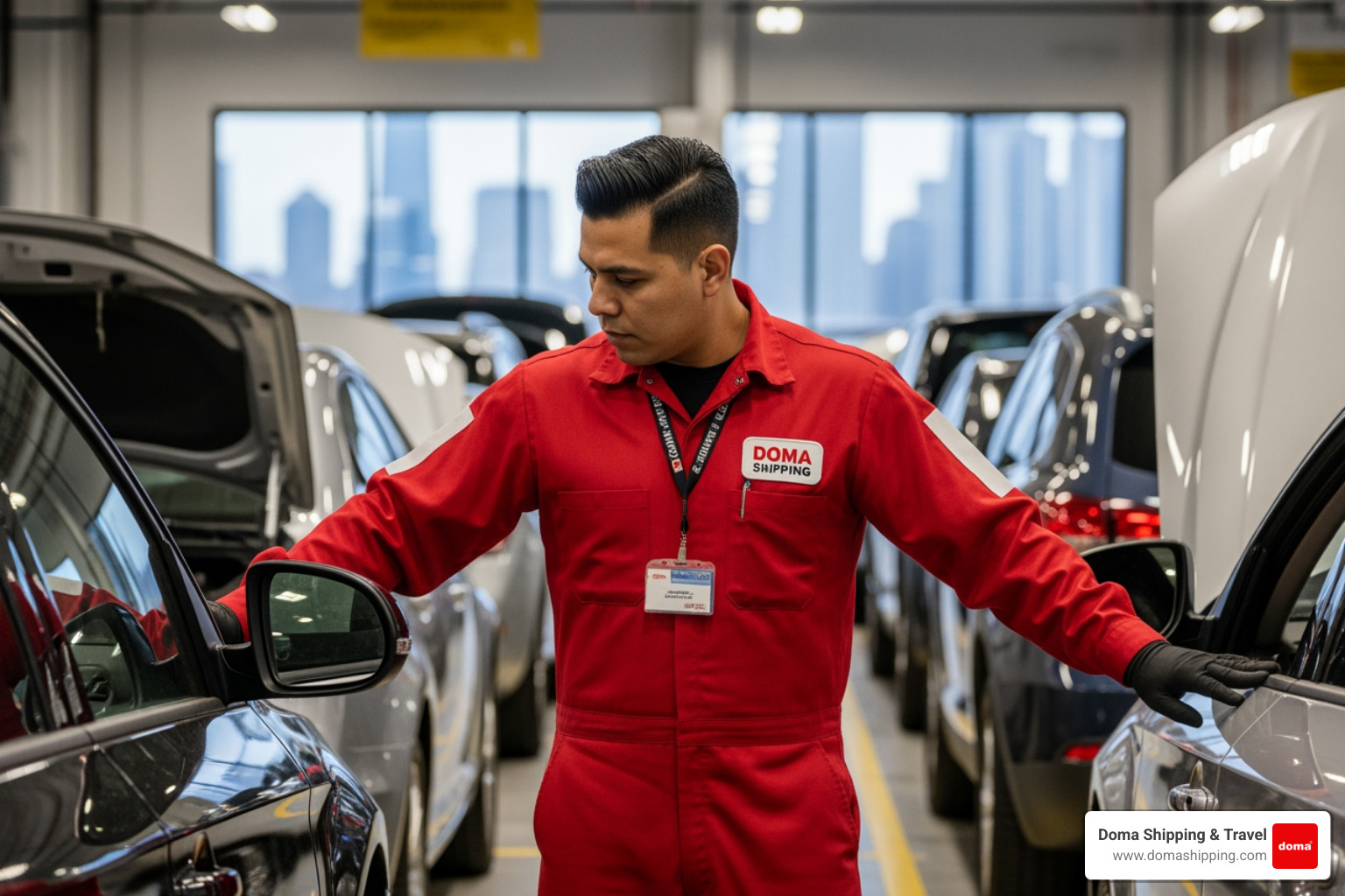 A professional worker in a red Doma Shipping uniform performing a pre-shipping vehicle inspection in a Chicago warehouse A professional worker in a red Doma Shipping uniform performing a pre-shipping vehicle inspection in a Chicago warehouse