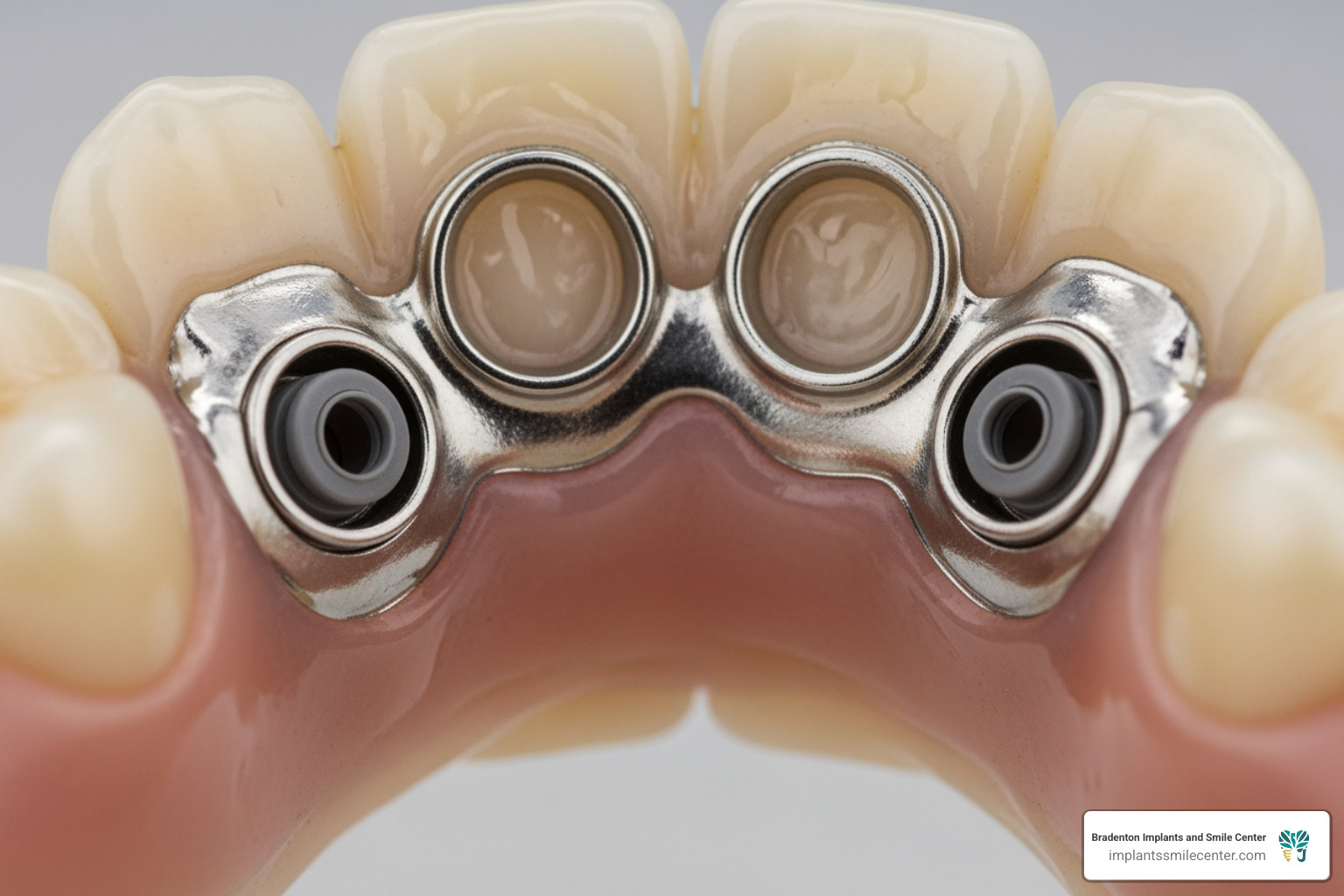 View of the underside of a snap-in denture showing the locator attachments that click onto implants View of the underside of a snap-in denture showing the locator attachments that click onto implants