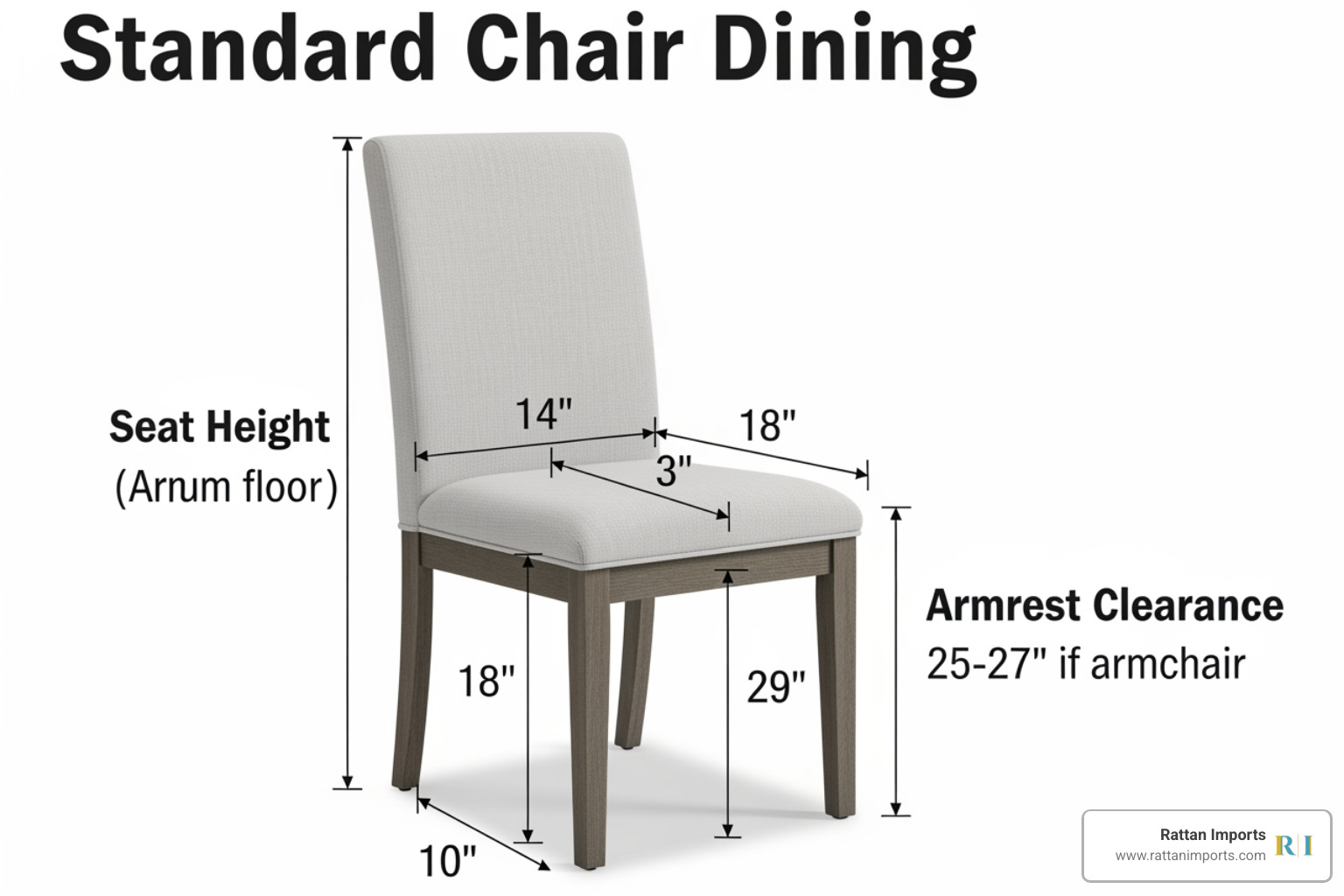 Diagram showing standard dining chair dimensions including seat height and armrest clearance Diagram showing standard dining chair dimensions including seat height and armrest clearance