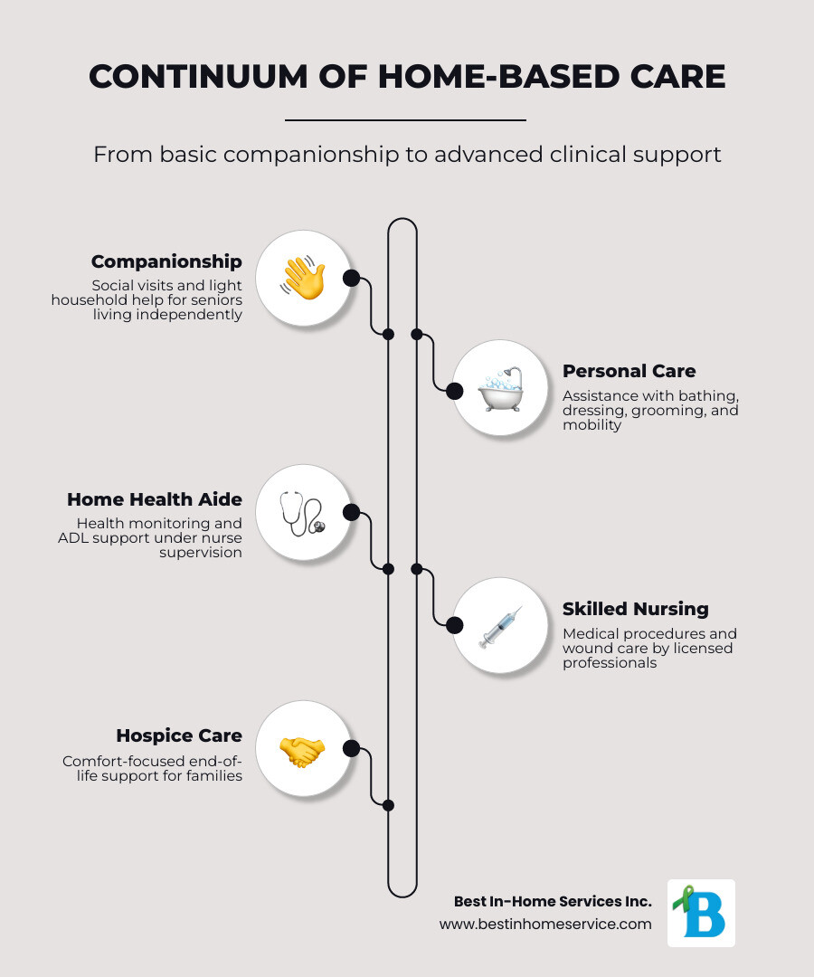 Continuum of home-based care services from companionship to skilled nursing, with home health aide in the middle infographic Continuum of home-based care services from companionship to skilled nursing, with home health aide in the middle infographic