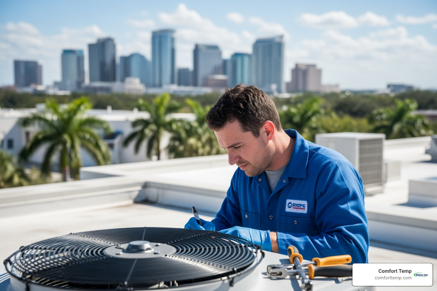 commercial HVAC technician in blue uniform inspecting rooftop unit in Orlando commercial HVAC technician in blue uniform inspecting rooftop unit in Orlando