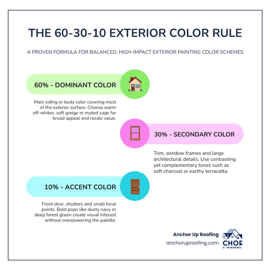 Infographic showing the 60-30-10 rule for exterior color distribution with examples infographic