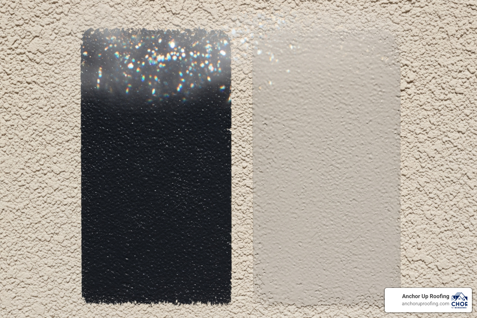 Direct sunlight hitting a dark charcoal swatch vs a light greige swatch showing heat haze