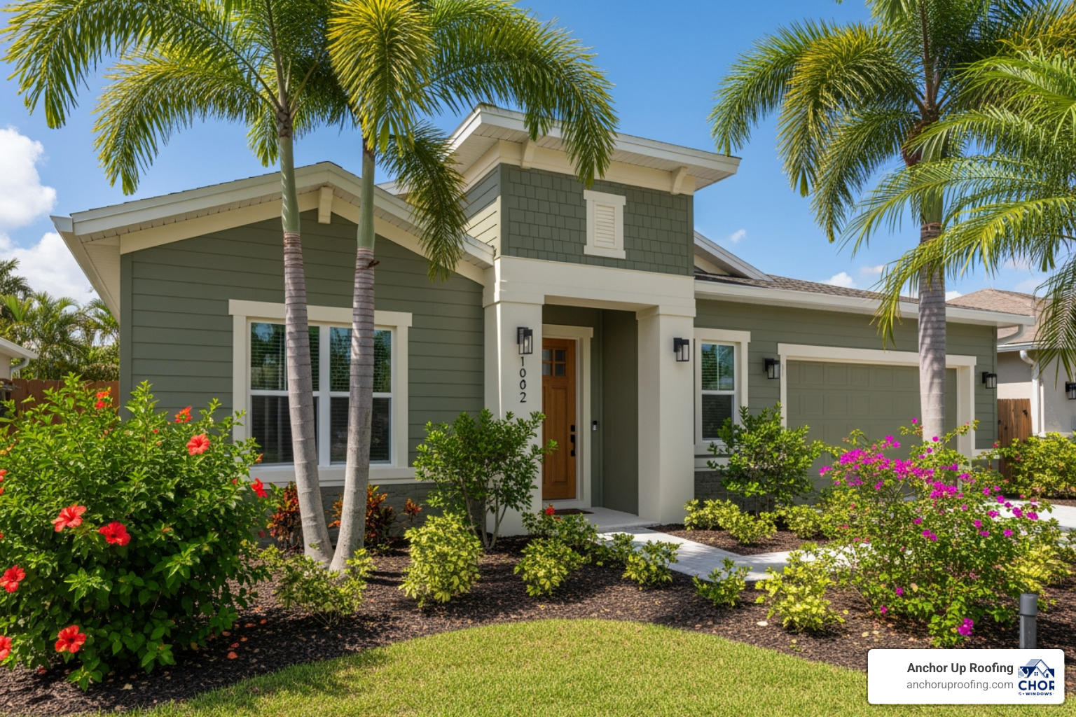 Home featuring muted olive green siding with cream trim and a natural wood door