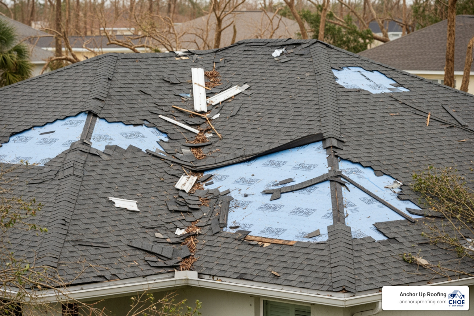Wind-damaged asphalt shingles on a Fort Myers home Wind-damaged asphalt shingles on a Fort Myers home