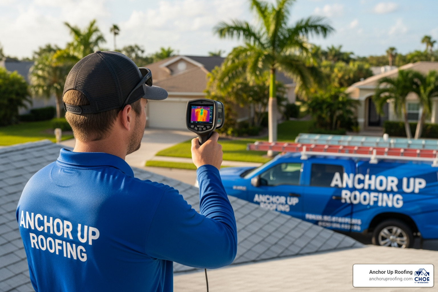 Roofing technician performing a leak detection test using thermal imaging Roofing technician performing a leak detection test using thermal imaging