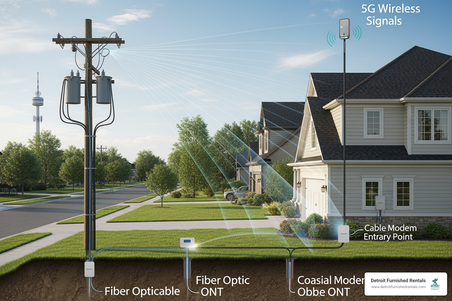 Diagram showing how fiber, cable, and 5G signals reach a home Diagram showing how fiber, cable, and 5G signals reach a home