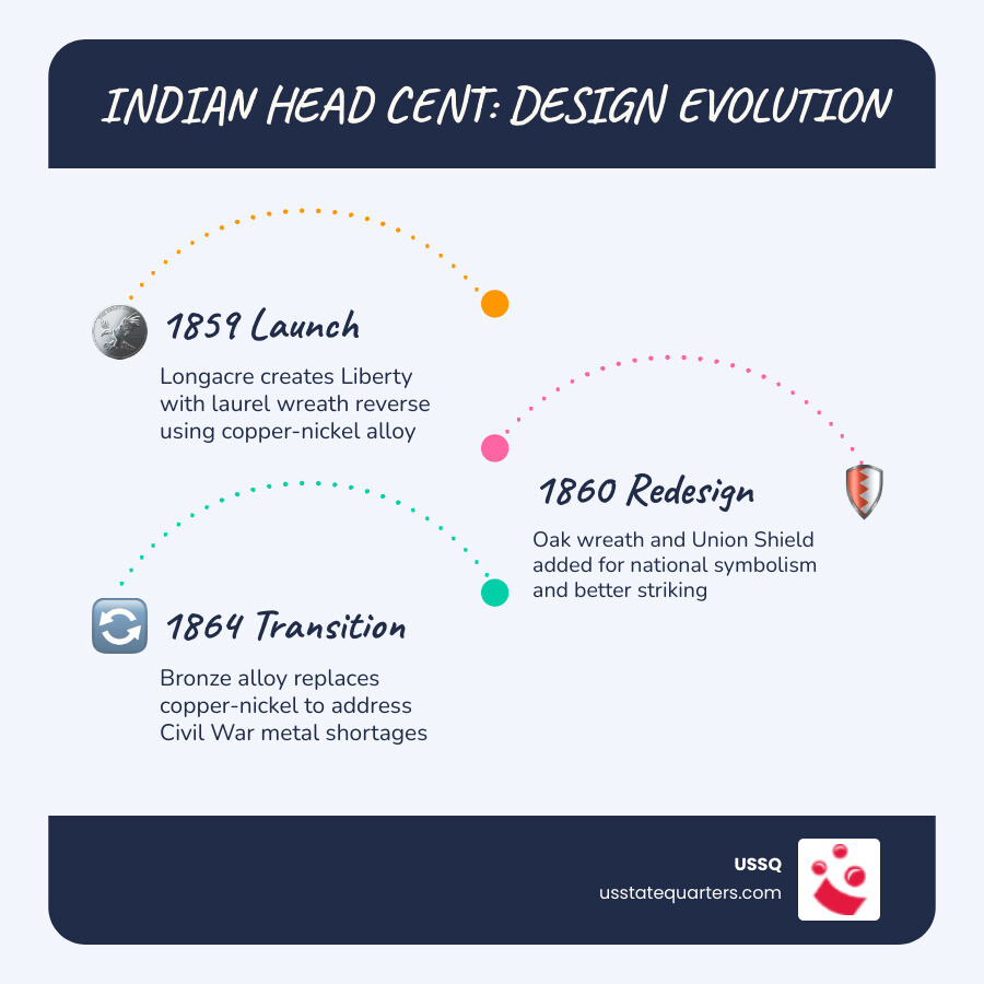 Indian Head Penny 50-year timeline and design evolution from 1859 to 1909 infographic